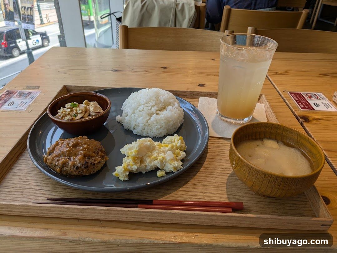 Japanese Lunch Set with Rice, Egg Salad, and Drink