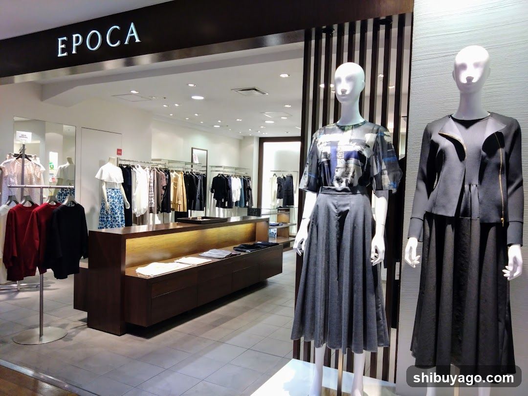 The image shows the exterior of a clothing store named EPOCA, with its name displayed in illuminated letters above the entrance. The storefront features mannequins dressed in stylish outfits, showcasing the store's fashion offerings. Inside, racks of clothes and neatly arranged merchandise are visible, indicating a well-organized retail environment.