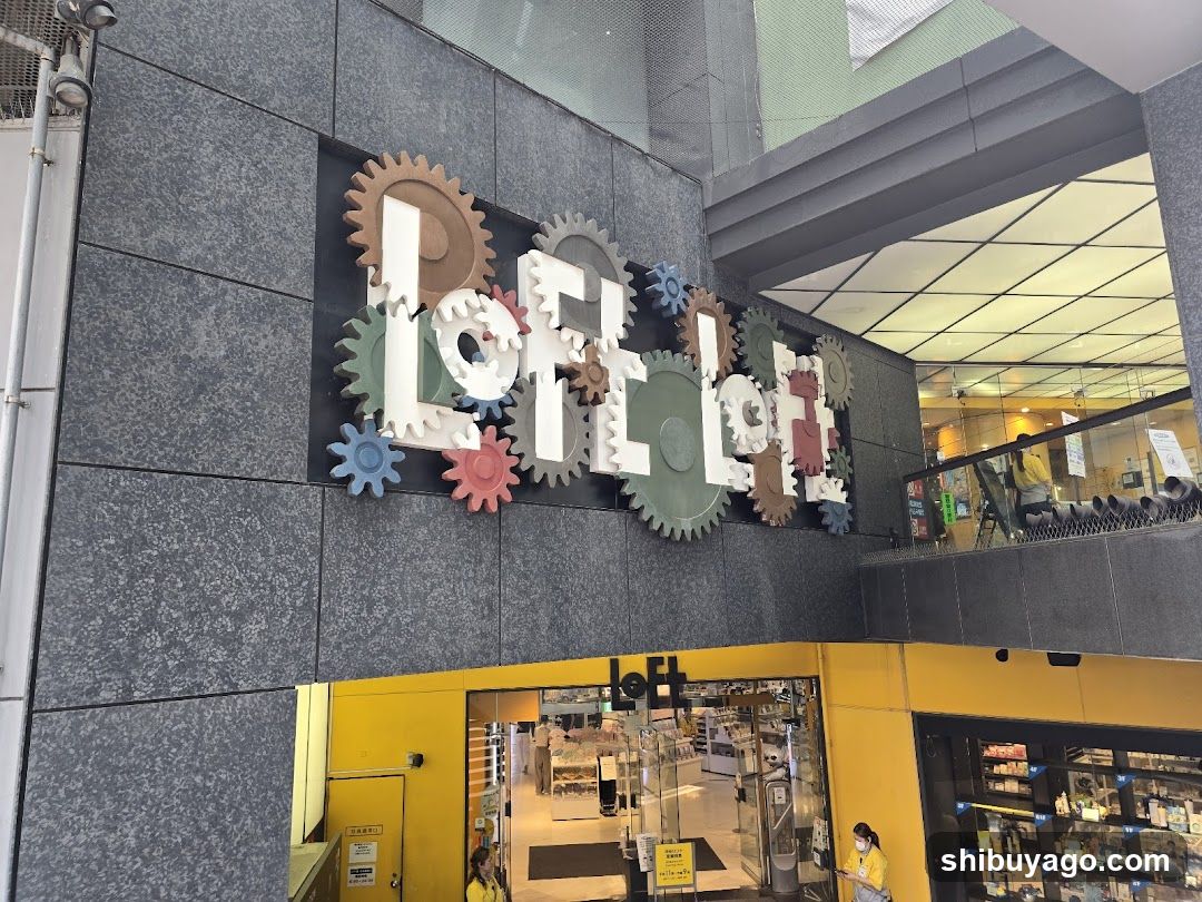 Exterior view of a store with large gear-shaped signage spelling 'LOFT' on a dark gray tiled wall. Below, the entrance features bright yellow framing and glass doors leading into a well-lit interior. A person in yellow attire stands near the entrance.