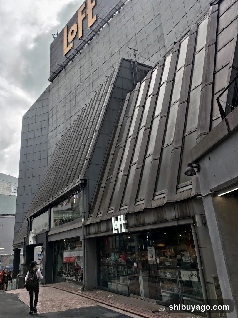 A modern building facade with a large 'Loft' sign at the top and another smaller 'loft' logo above the entrance. The storefront features glass windows displaying merchandise inside, with visible interior lighting and shelving units. A pedestrian walks on the sidewalk in front of the store.