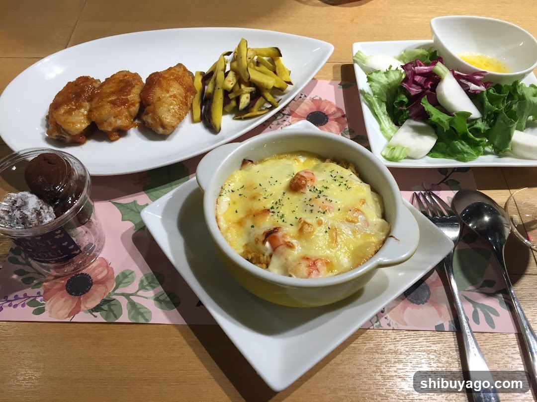 Dinner Table Setting with Dessert and Salad