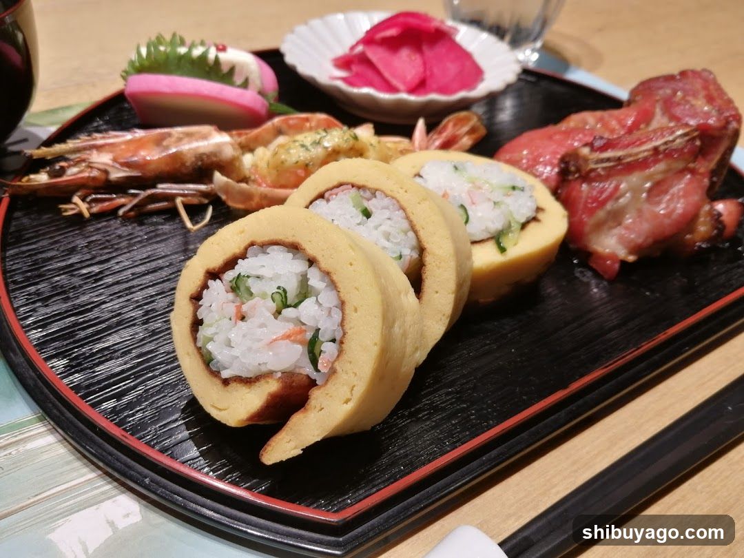 Japanese Food Platter with Tamagoyaki and Grilled Meat