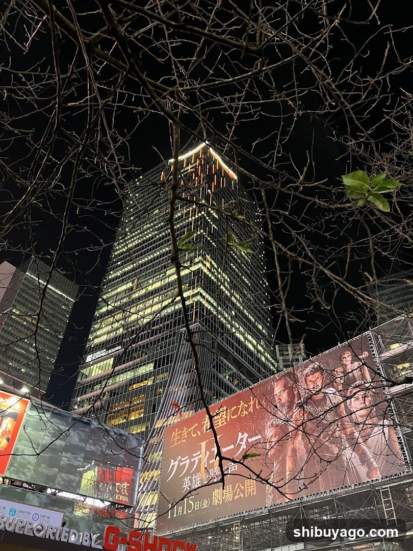 Night city scene with illuminated skyscraper and movie poster