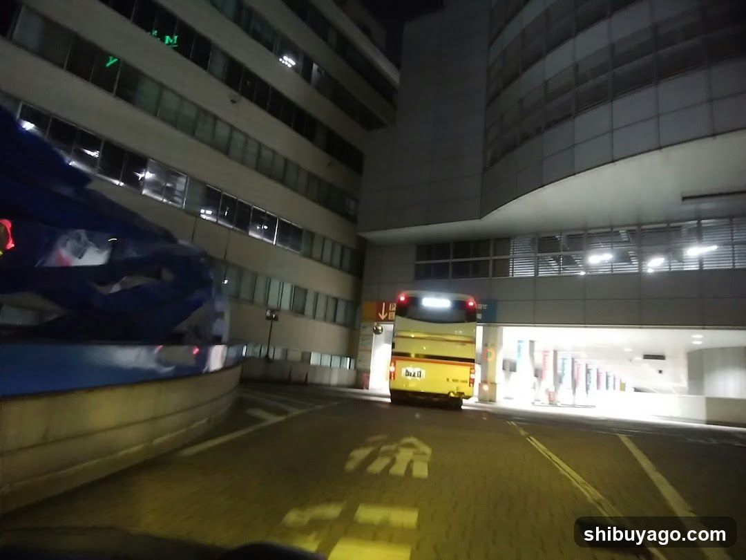 Night view of a bus terminal entrance