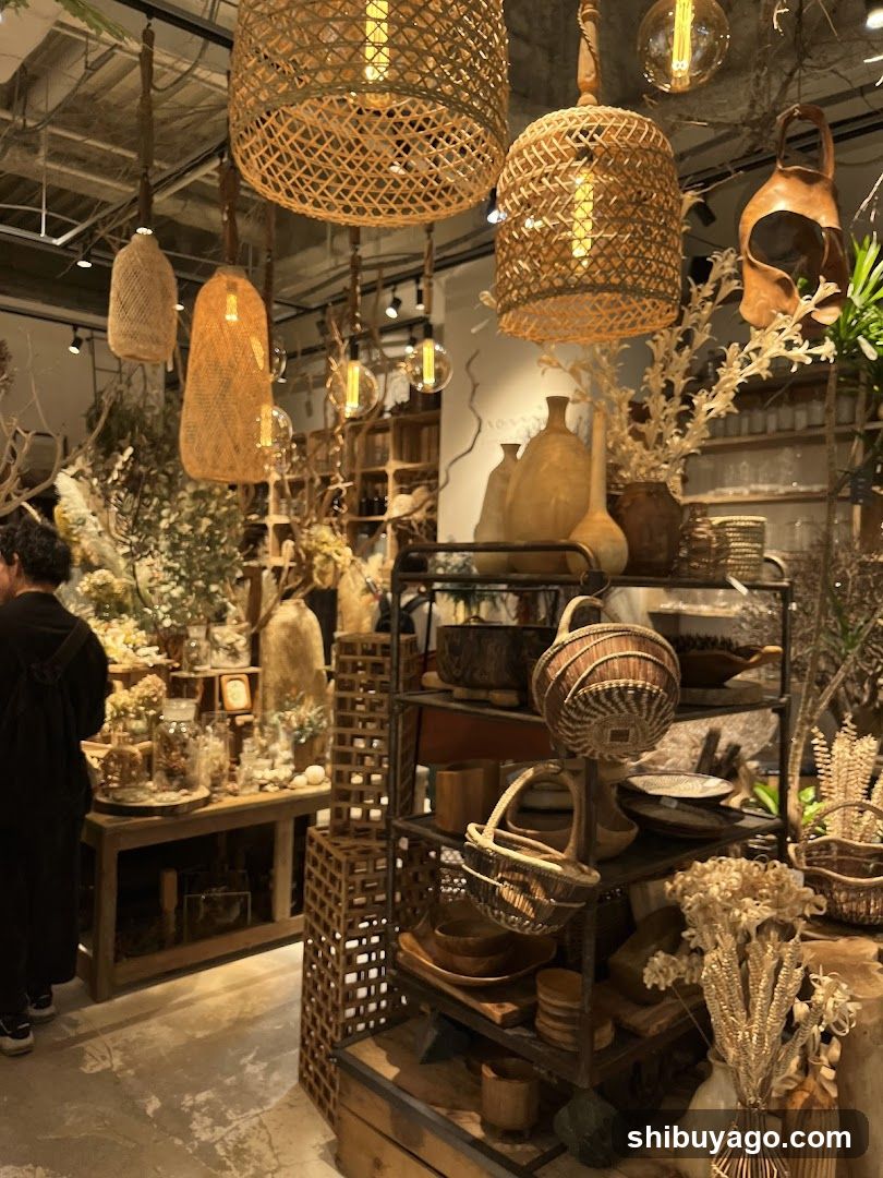 Interior of a rustic shop with woven lamps and dried flowers