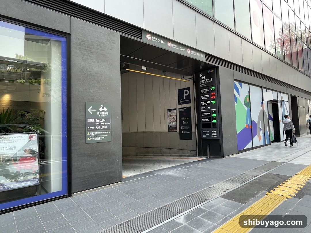 Urban Building Entrance with Parking Signage