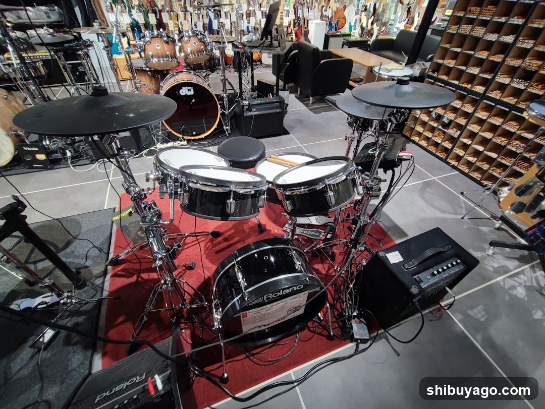 Music Store Interior with Drum Set Display