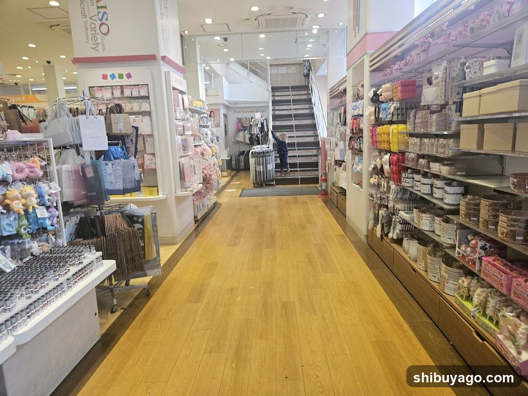 Interior of a retail store with wooden flooring and shelves stocked with various products.