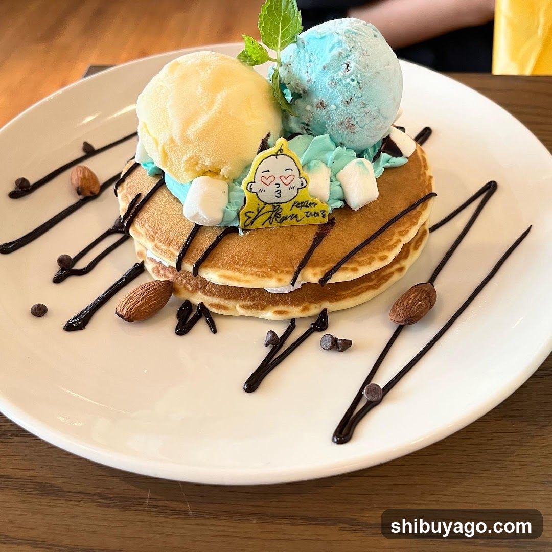 Pancake Stack with Ice Cream and Chocolate Drizzle