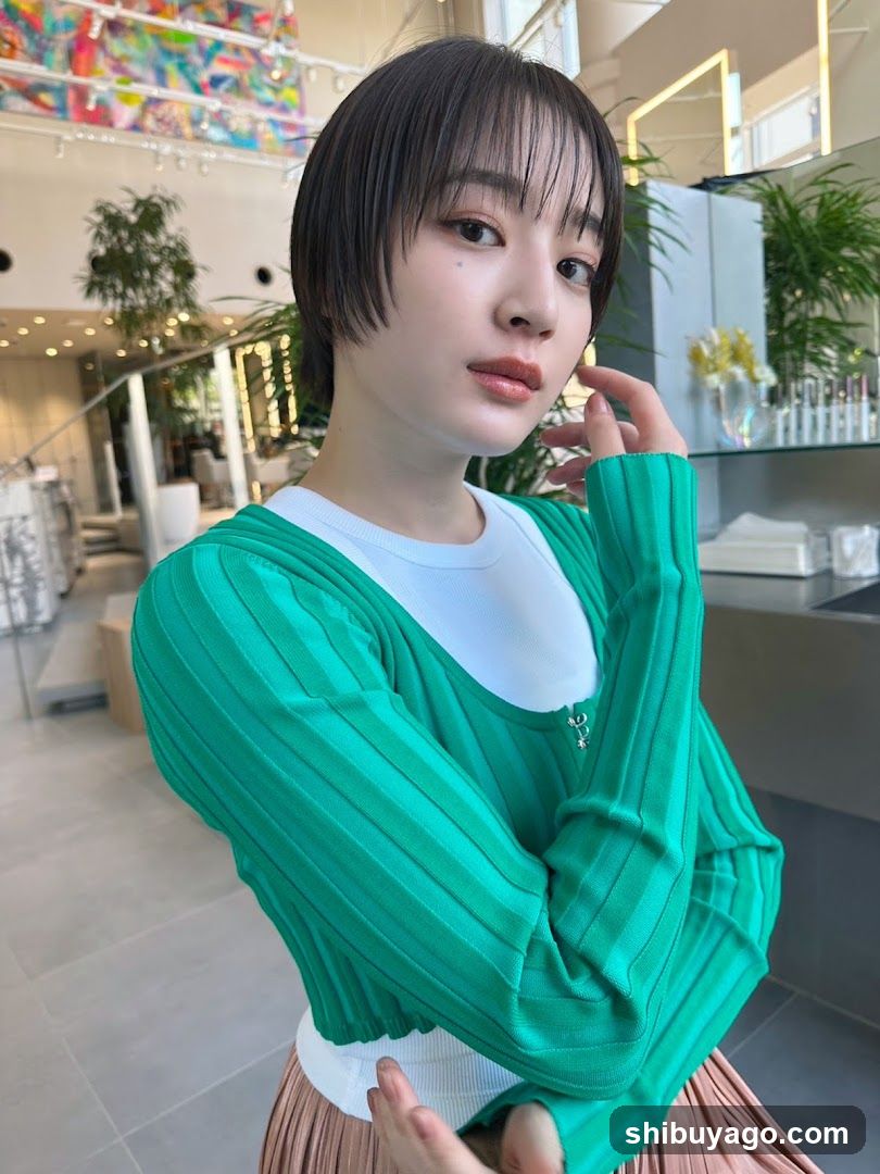Woman in Green Knitwear at Salon Interior
