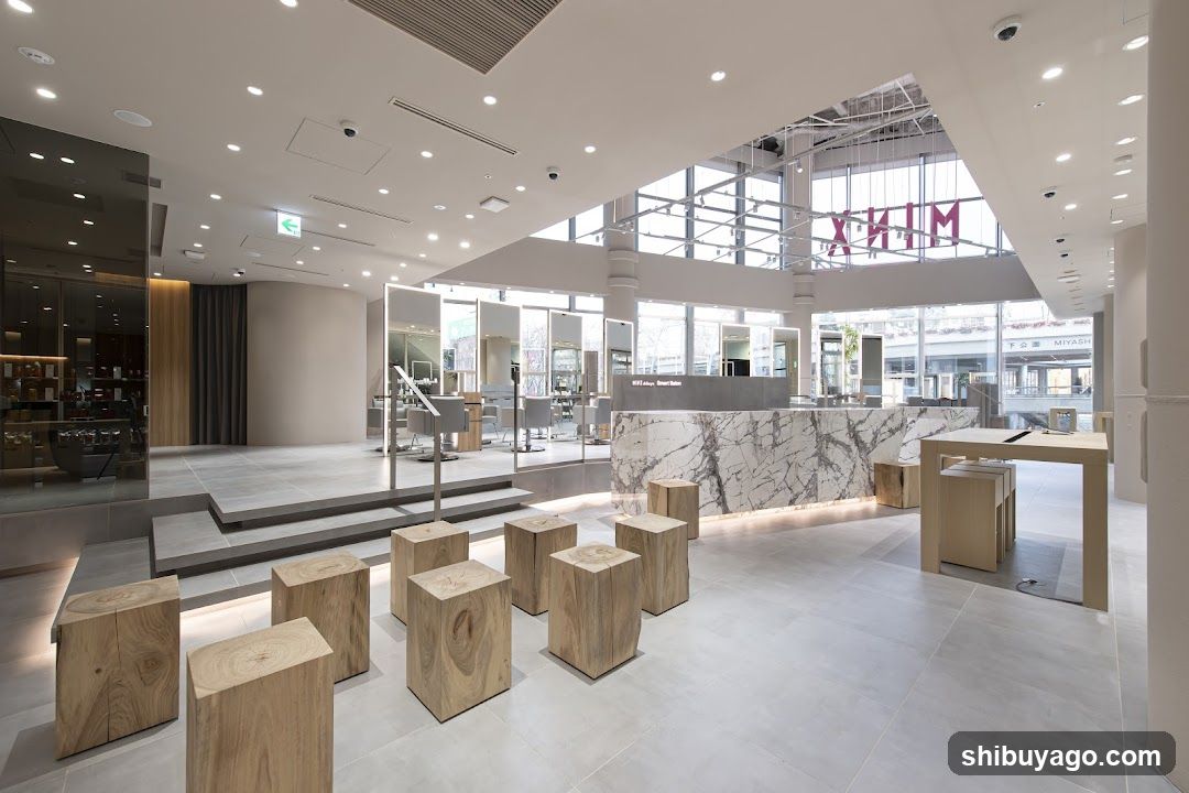 Modern Interior Space with Marble Counter and Wooden Stools