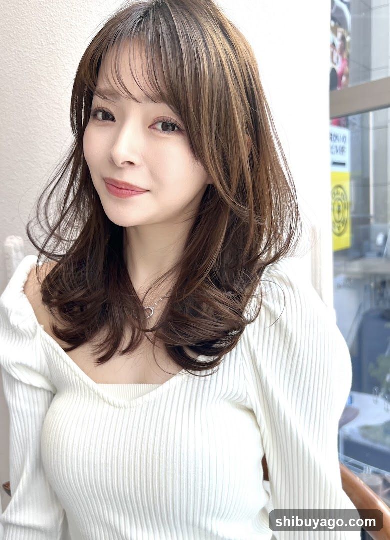 Woman with shoulder-length brown hair in white ribbed top
