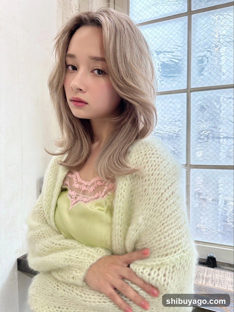 Woman with pastel hair and knitwear