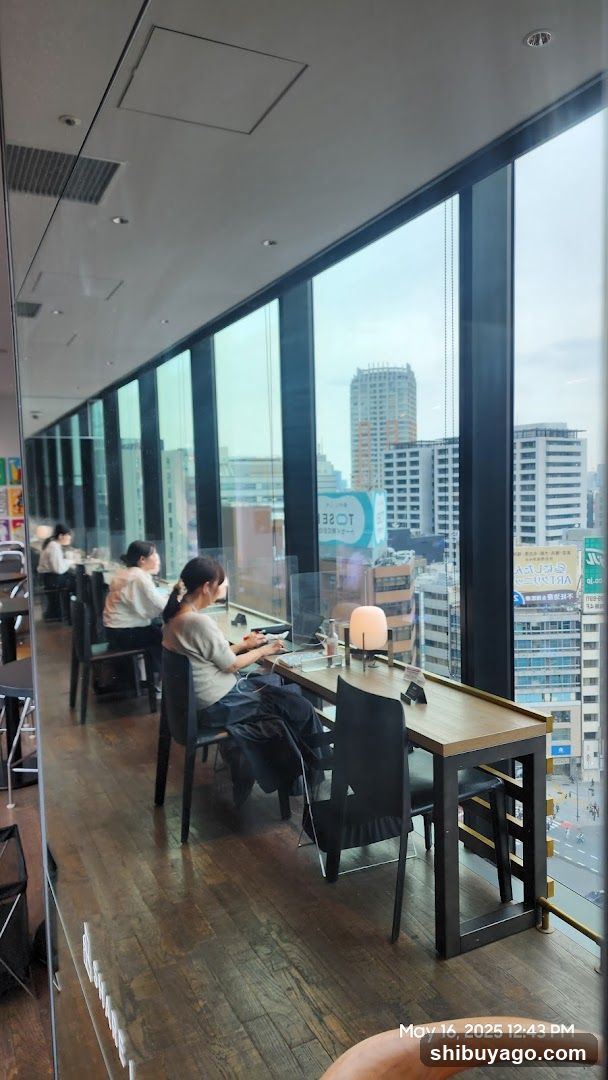High-rise cafe interior with city view
