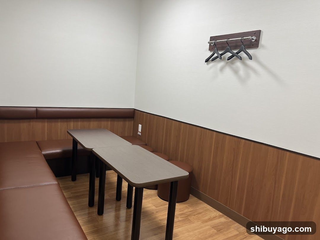 Interior seating area with tables and benches