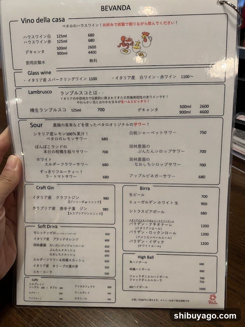 A close-up photo of a printed beverage menu held by a hand, featuring sections for Vino della casa (Italian wines), Glass wine, Lambrusco, Sour drinks, Craft Gin, Birra, Soft Drink, High Ball, and Caffe.