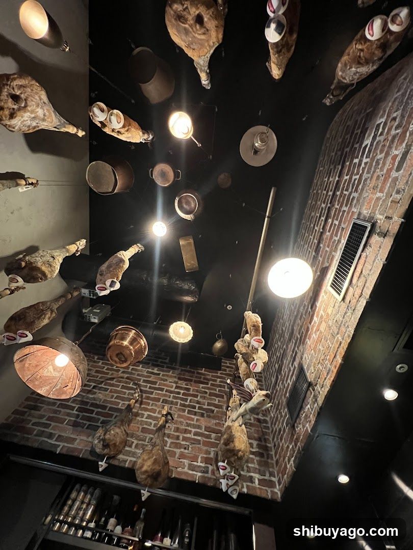 Interior with hanging cured meats and copper pots