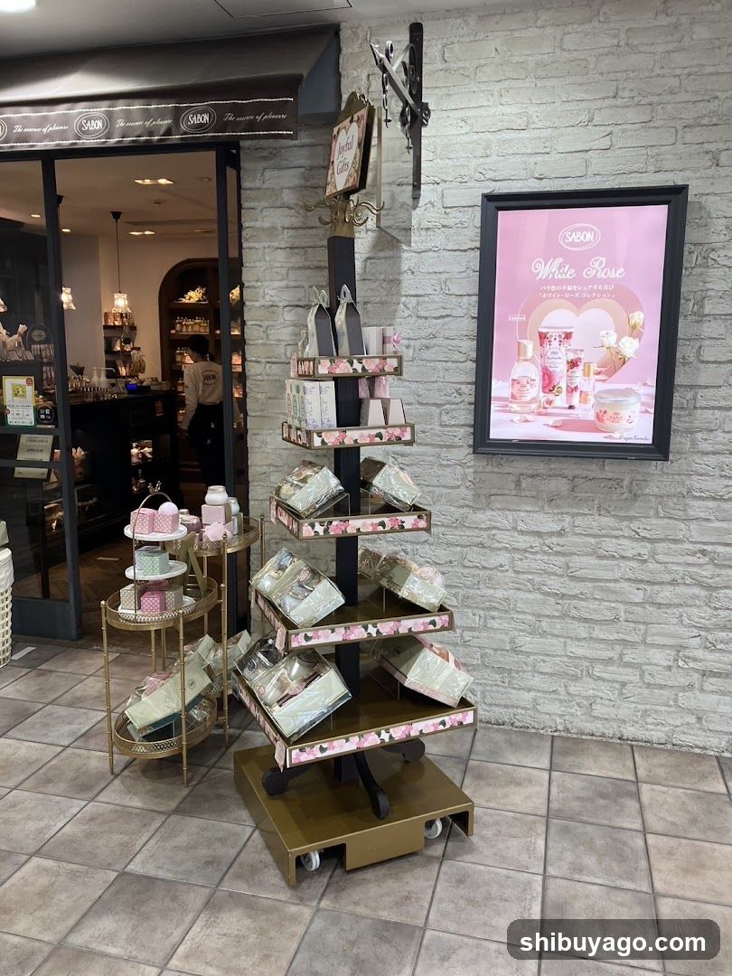 A storefront with a black awning displaying 'SASON' branding and the phrase 'The essence of pleasure.' The entrance is open, revealing an interior with shelves stocked with products and staff members visible inside. Outside, there is a rotating display stand holding packaged items and a framed poster advertising 'White Rose' products against a pink background.