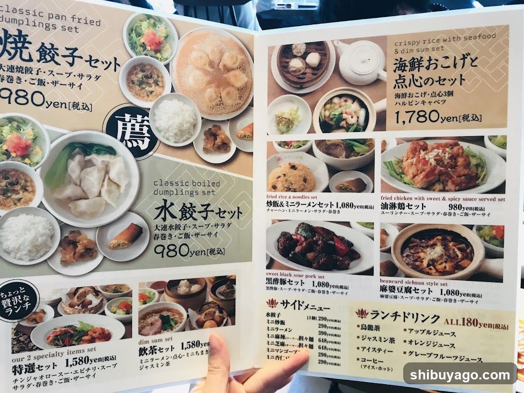 A printed menu featuring various Japanese dishes with prices in yen, including dumplings sets, rice with seafood, and side menus.