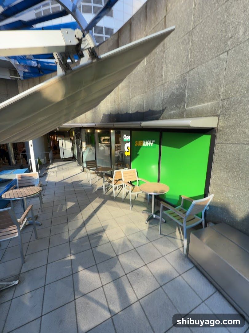 Outdoor seating area with tiled floor, metal tables and chairs under a blue awning structure. A Subway restaurant entrance is visible on the right side of the frame, featuring bright green signage with white lettering. The building facade is made of gray concrete panels. Sunlight casts long shadows across the ground.