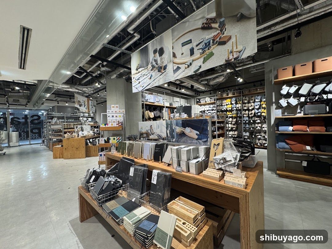 Interior of a retail store with wooden displays and merchandise