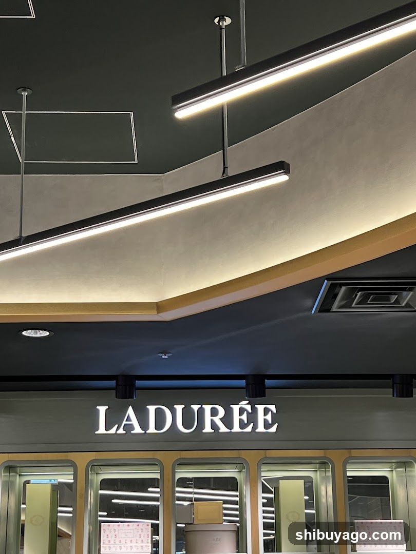 Interior ceiling with modern lighting fixtures above a Ladurée storefront sign, featuring illuminated lettering and glass display windows below.