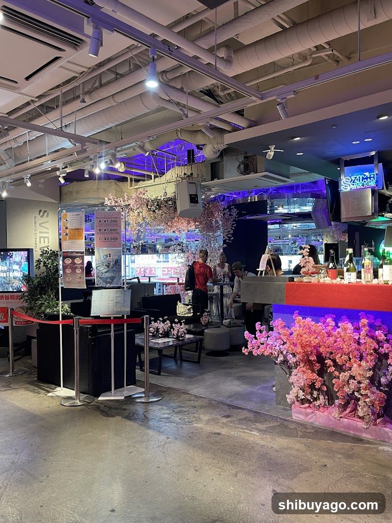 Interior of a modern bar or lounge with floral decorations