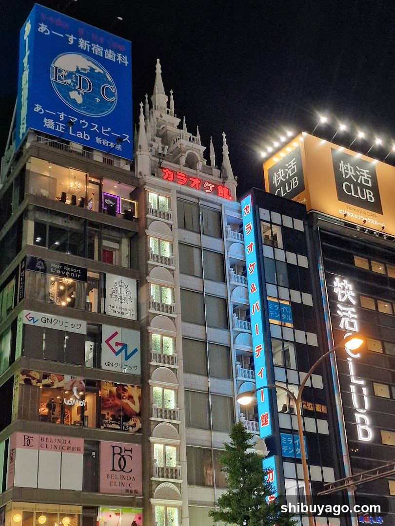 Night view of Shinjuku buildings with signage