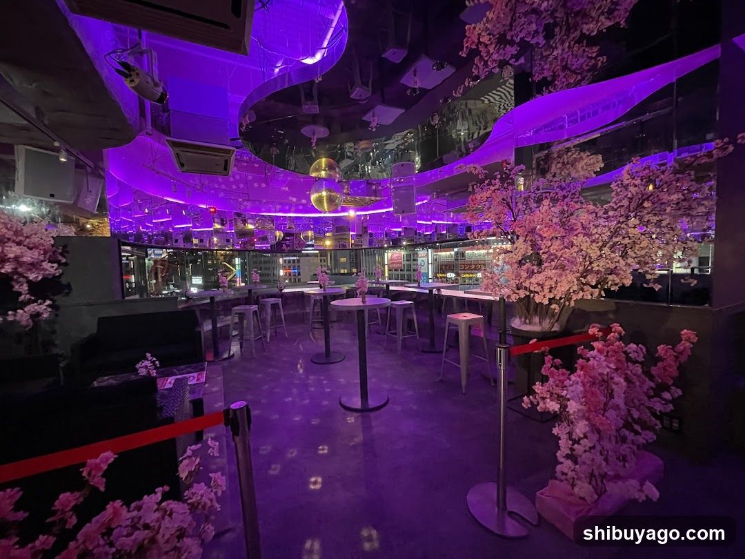 Purple-lit Interior with Cherry Blossoms