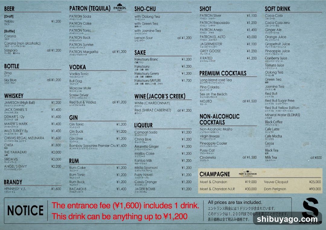 A printed drink menu listing beer, tequila, vodka, gin, rum, whiskey, brandy, sake, wine, liqueur, shot, soft drinks, cocktails, non-alcoholic options, and champagne with prices in yen.