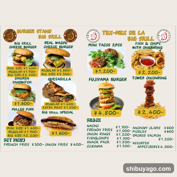 A printed menu board displaying food items and prices from two restaurant concepts.