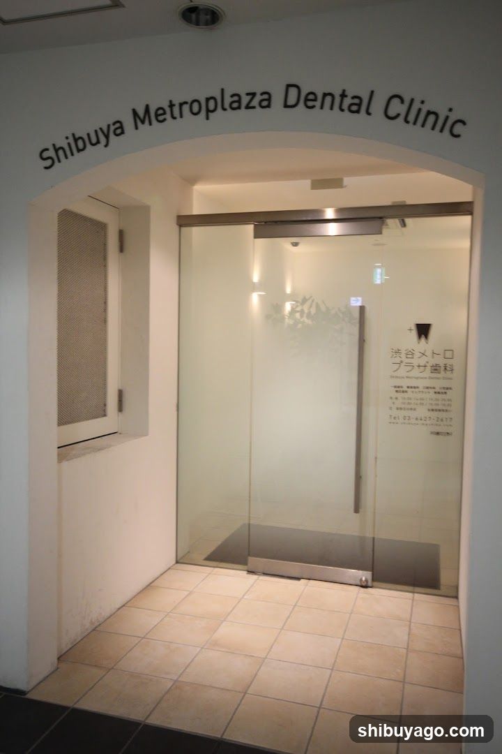 The image shows the entrance to a dental clinic named 'Shibuya Metroplaza Dental Clinic'. The sign is mounted above an arched doorway with glass doors. Inside, there is tiled flooring and a small window on the left wall. A poster with Japanese text is visible on the right door.