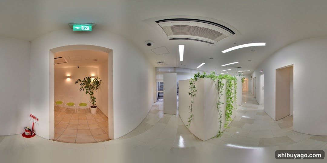 Interior Hallway with Plants and Seating Area