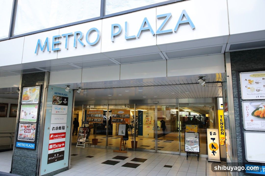 The photo shows the exterior entrance of a shopping center named Metro Plaza, with large glass doors and signage displaying the name in blue letters above the entrance.