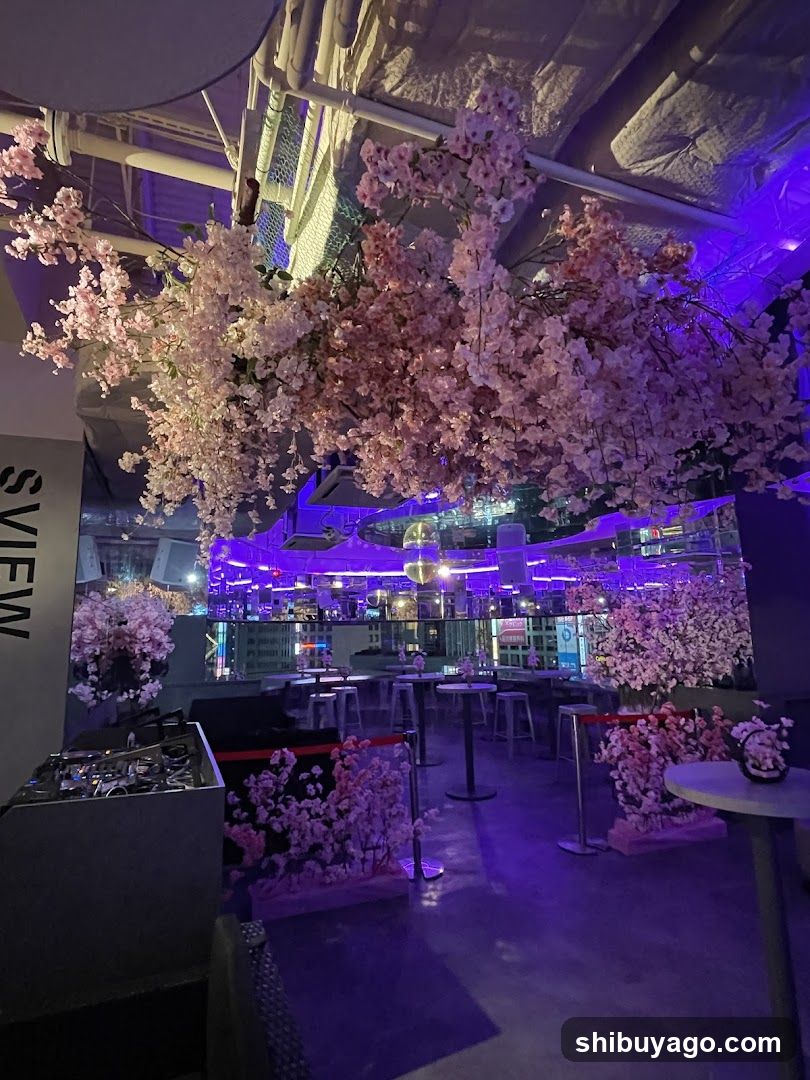 Indoor floral venue with purple lighting