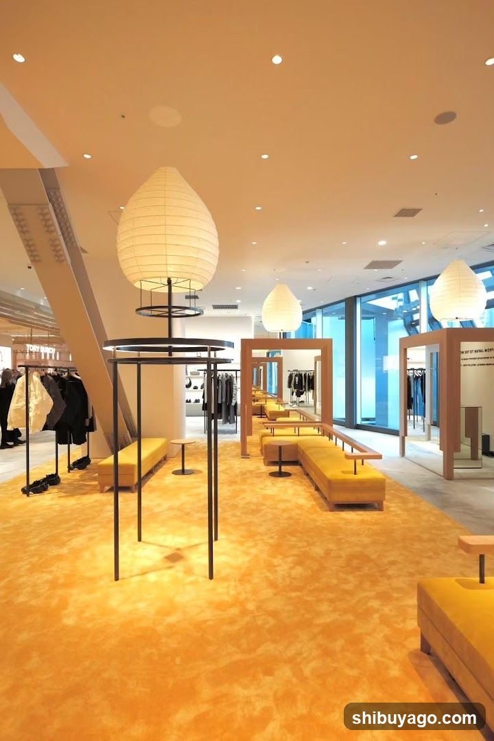 Interior of a modern retail store with yellow carpeting and seating areas.
