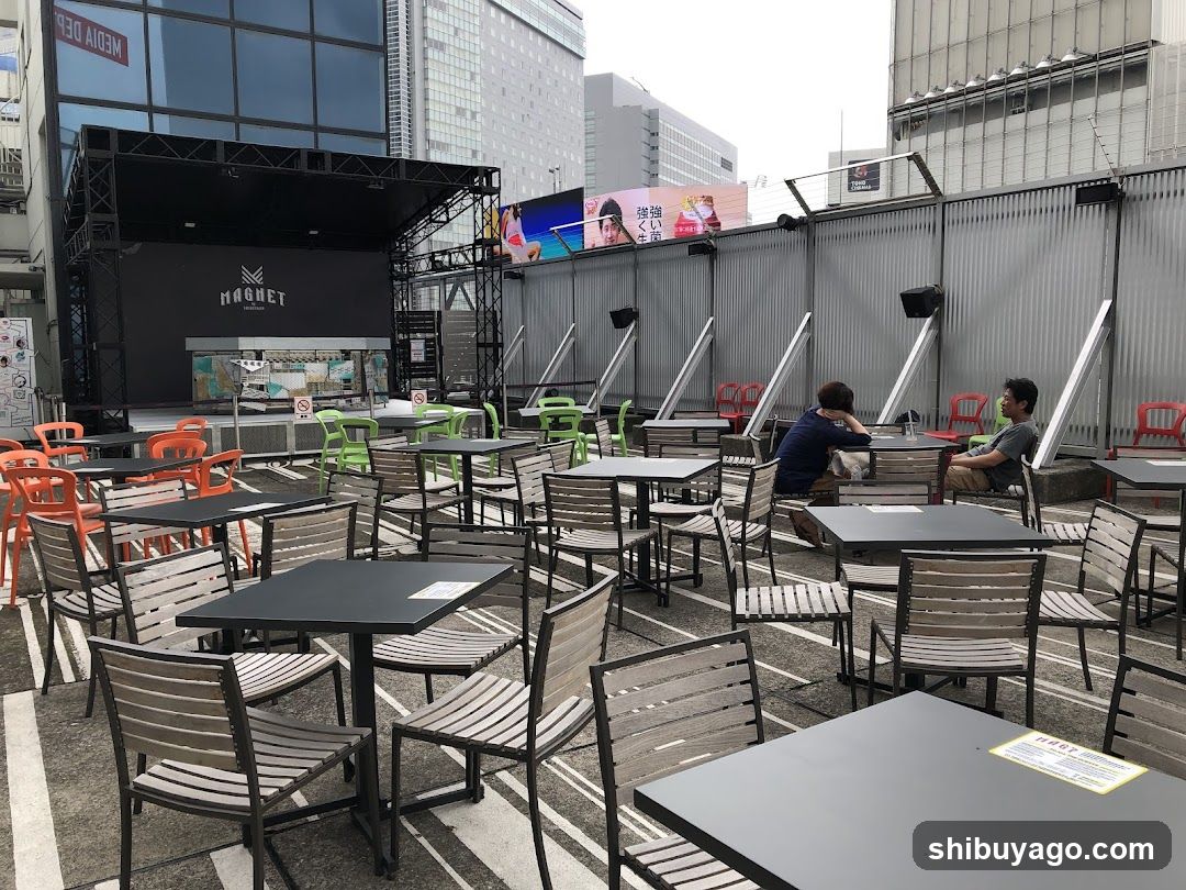 Outdoor seating area with stage setup