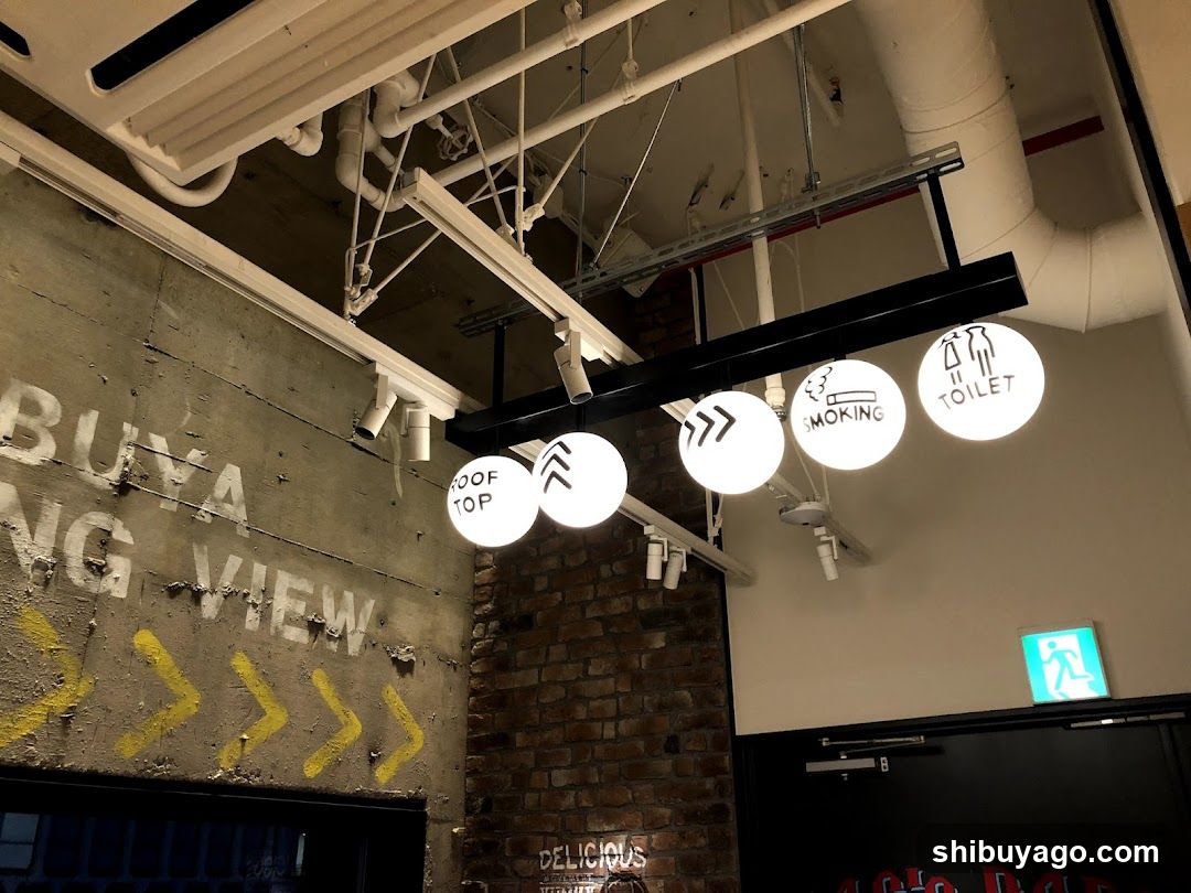 Interior with hanging signs and brick wall