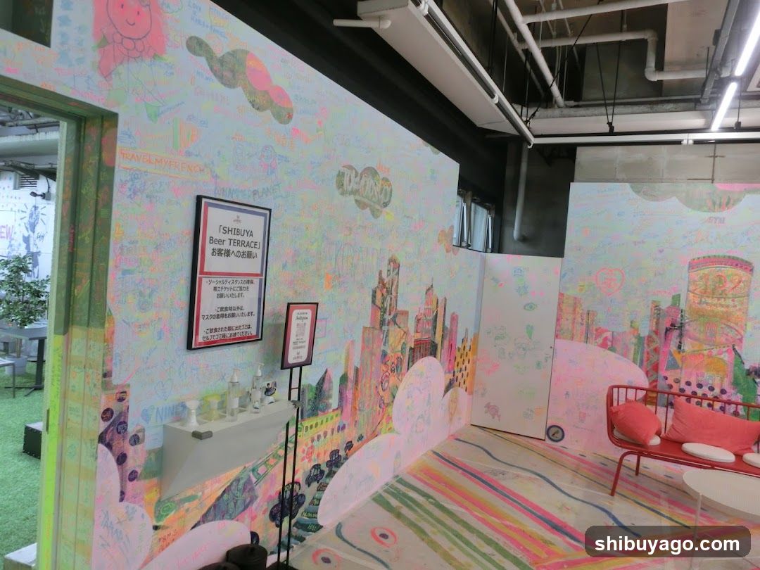 Colorful Interior Space with Wall Art and Signage