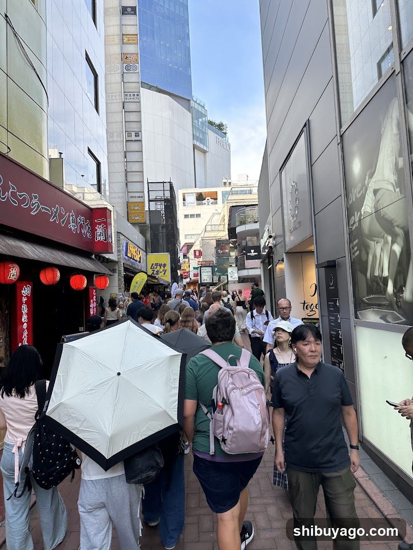 Crowded Street Scene with Shop Fronts and Menus