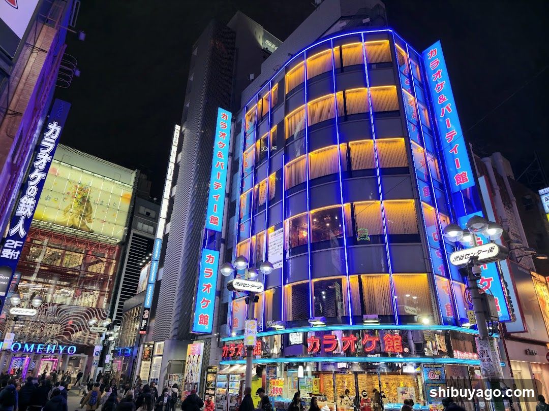 Night Street Scene with Karaoke Building
