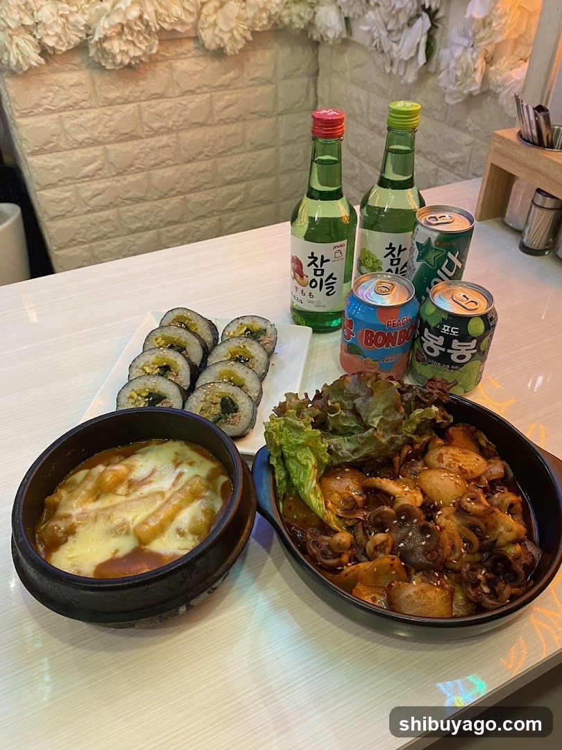 Korean Food Spread with Drinks