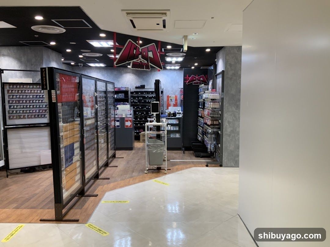 Interior of a retail store with product displays and signage