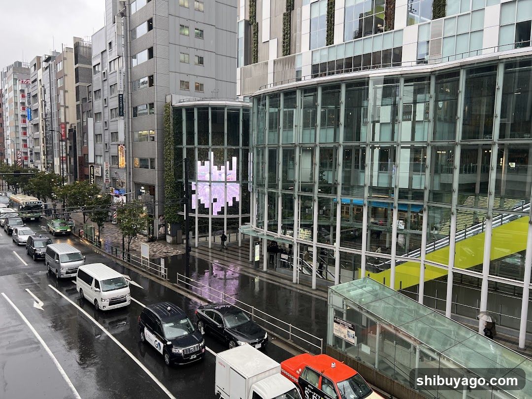 Urban street scene with modern architecture and traffic