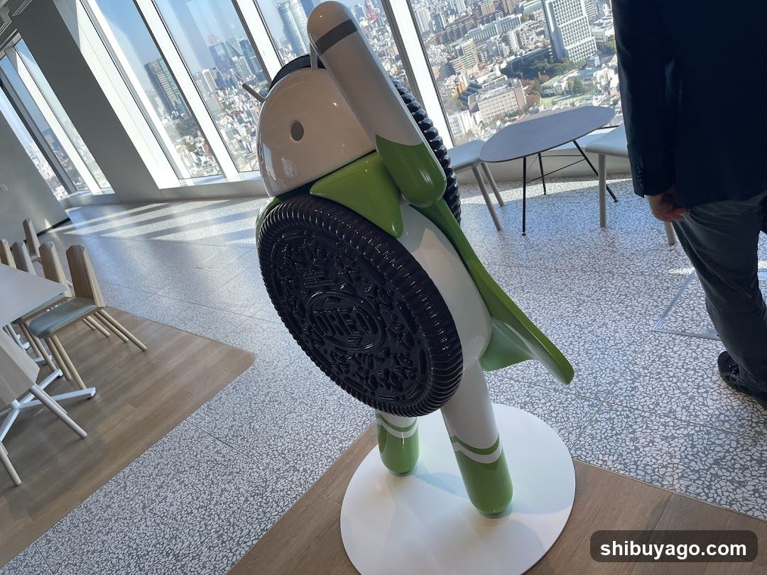 Oreo-themed robot sculpture in modern interior