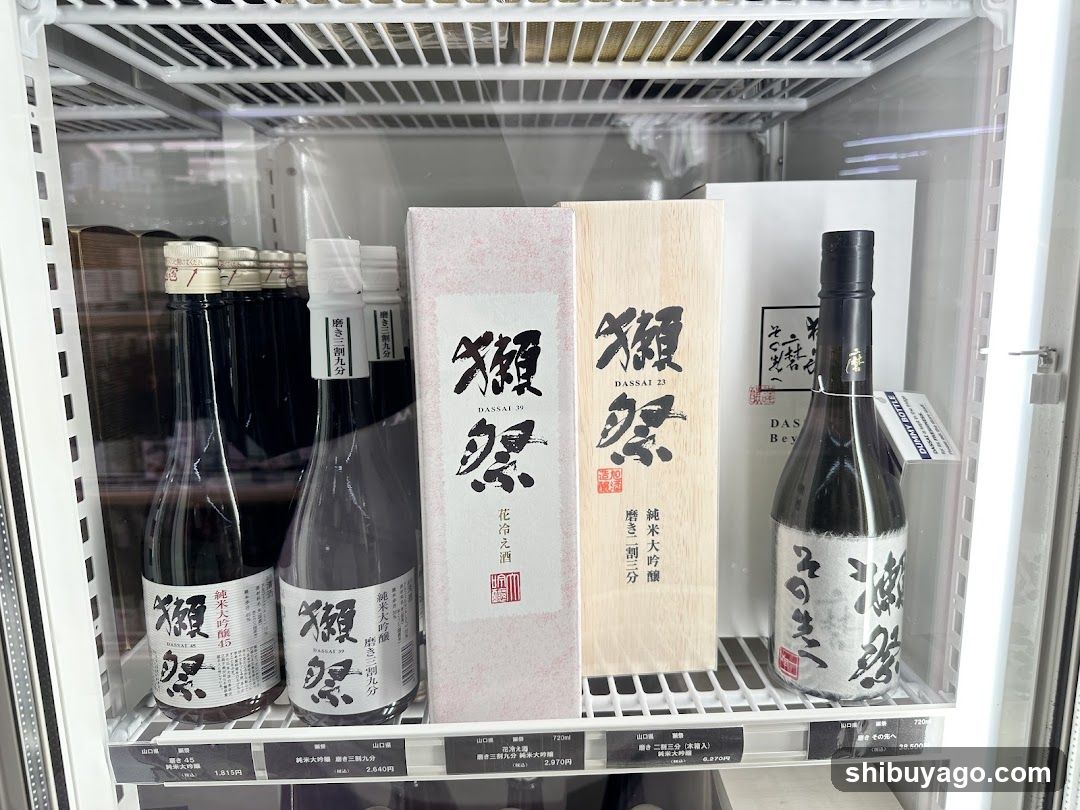 Sake bottles in refrigerator display case