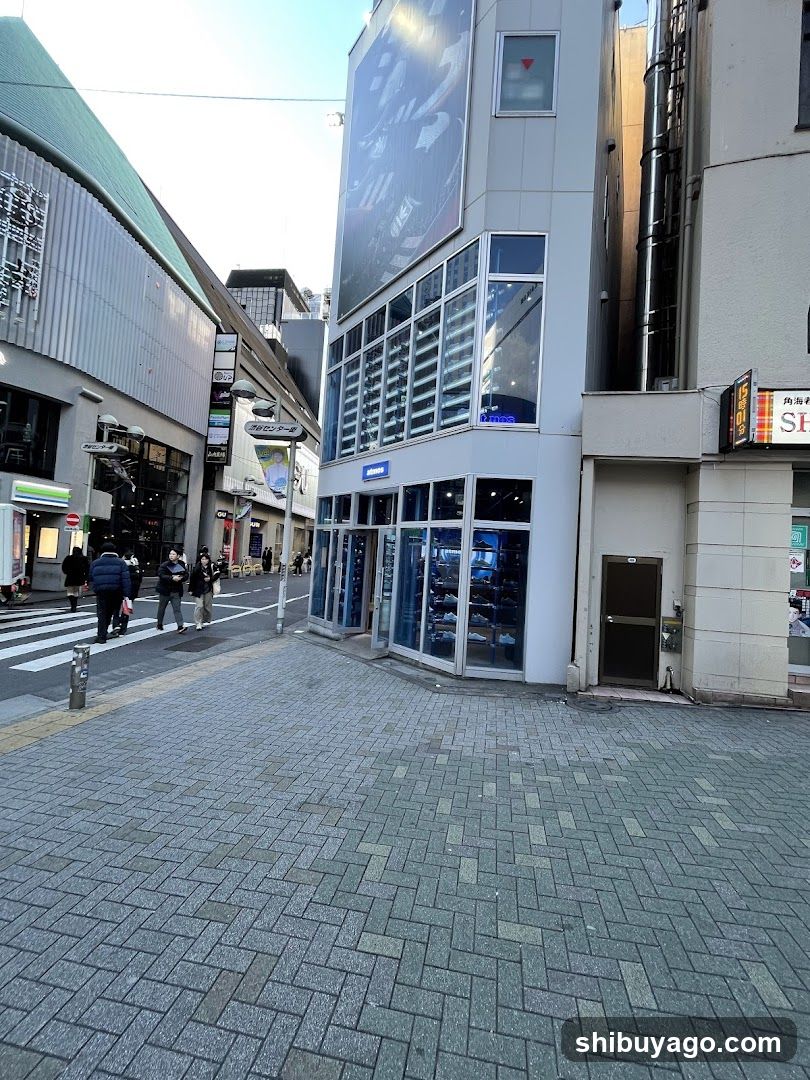 Urban Street Scene with Storefronts and Pedestrians
