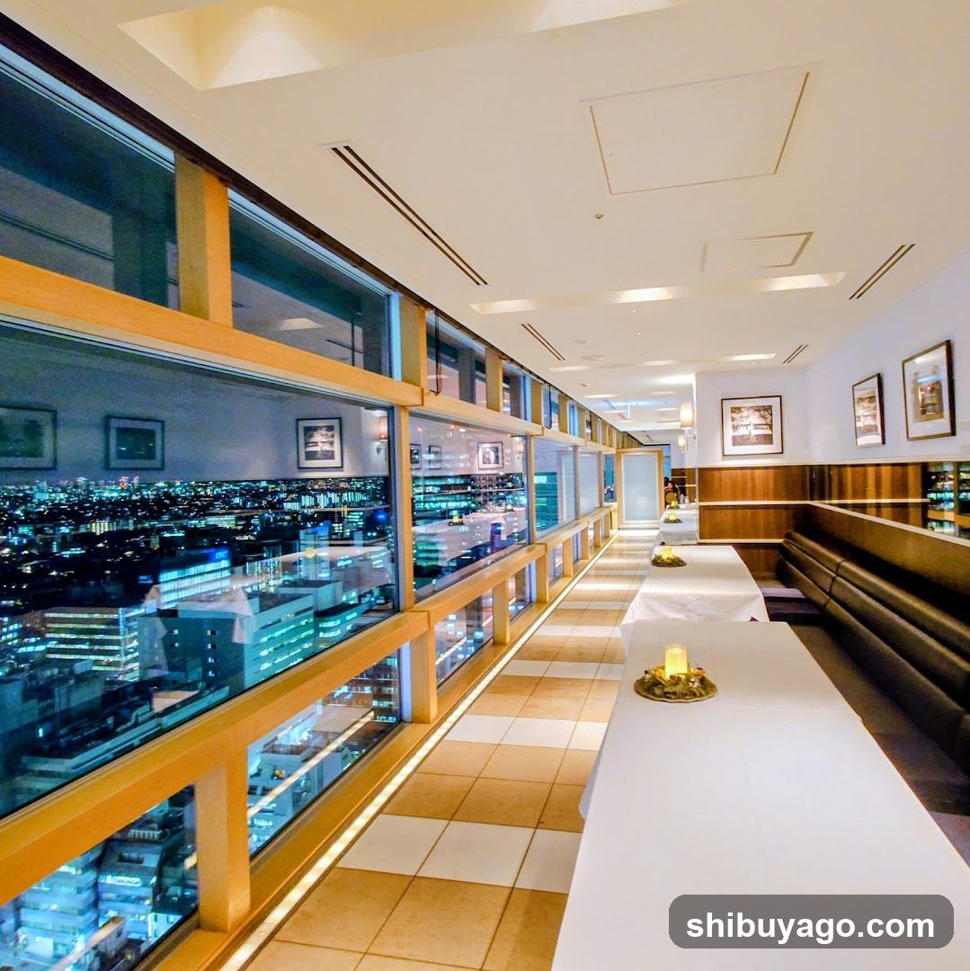 High-rise restaurant interior with city view