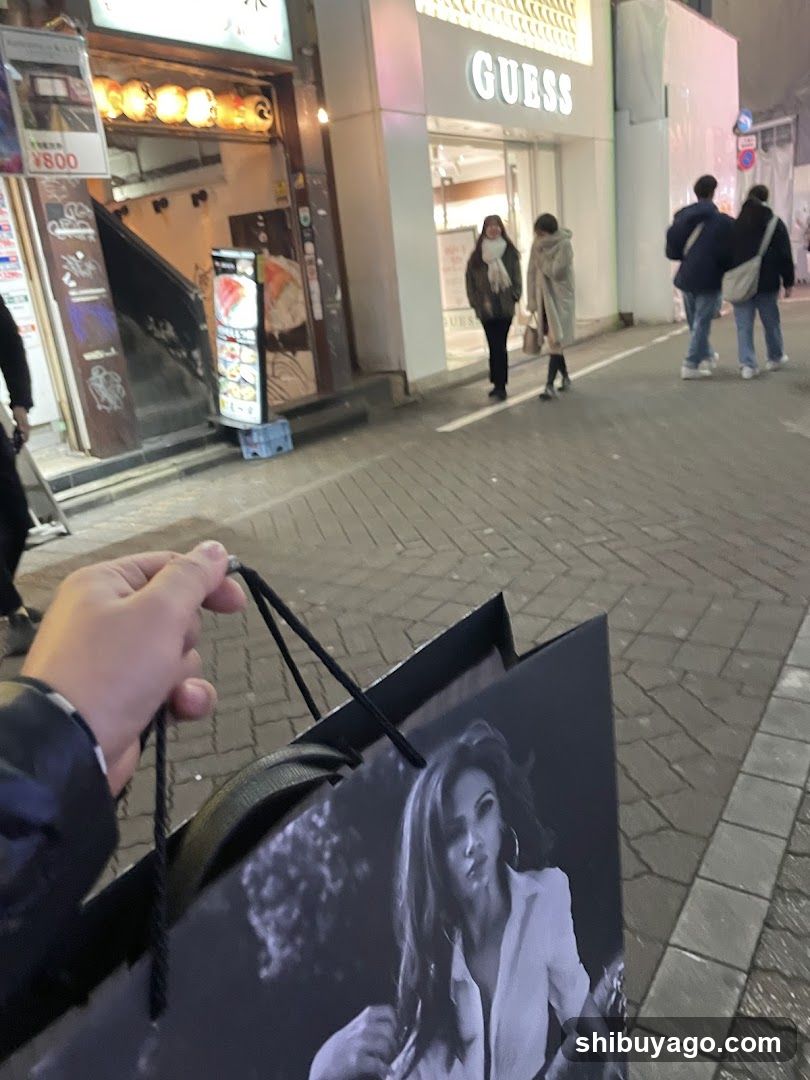 Shopping bag on street at night