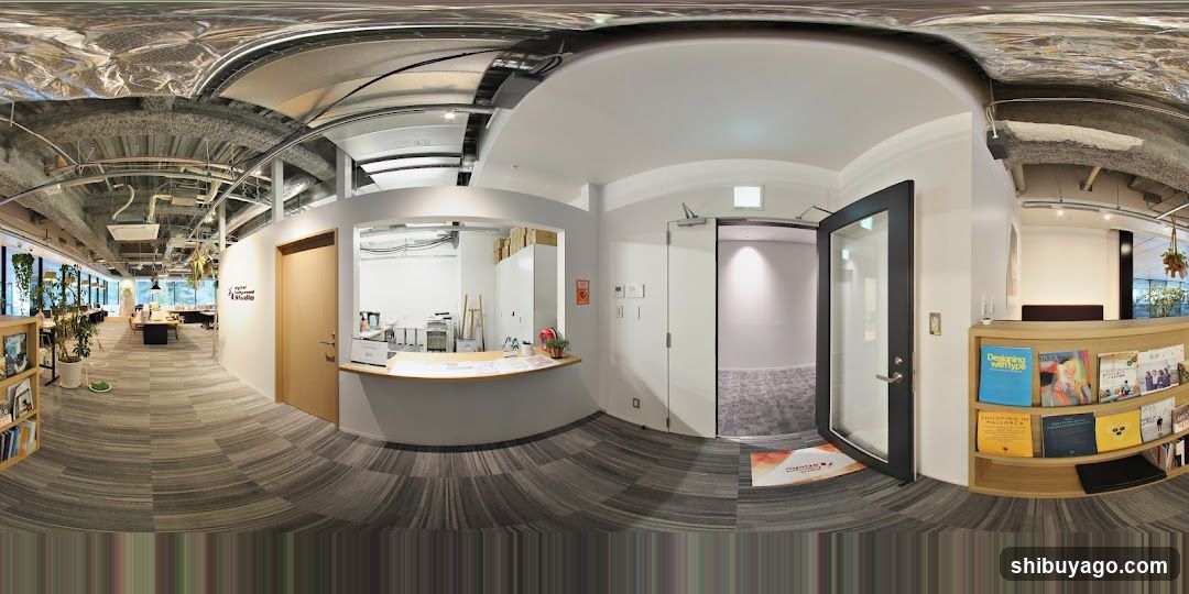 Office Interior with Reception Desk and Bookshelf